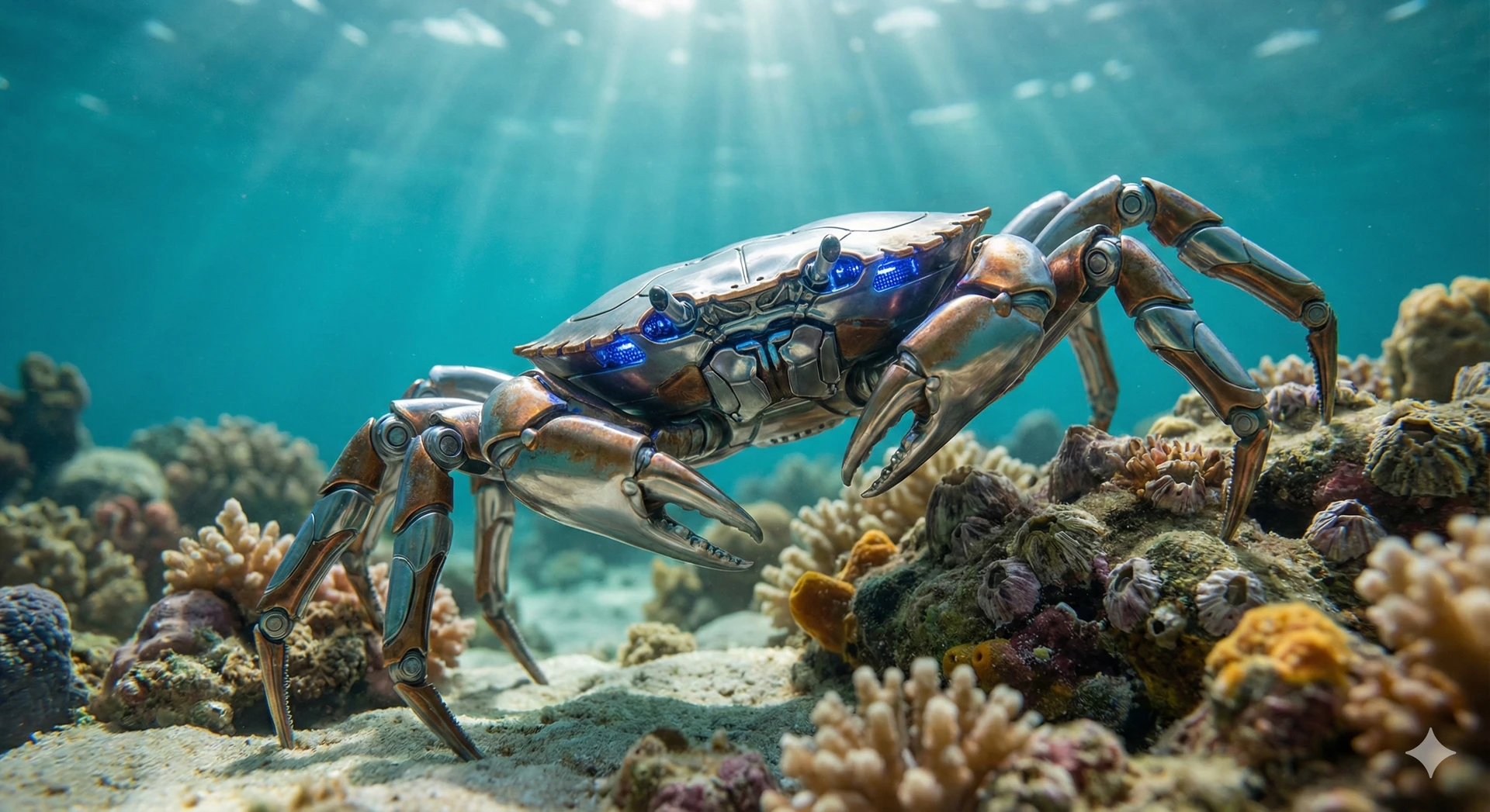 Advanced robotic crab with multiple legs exploring a detailed ocean floor, inspired by biomimicry principles, with soft glow from internal lights.