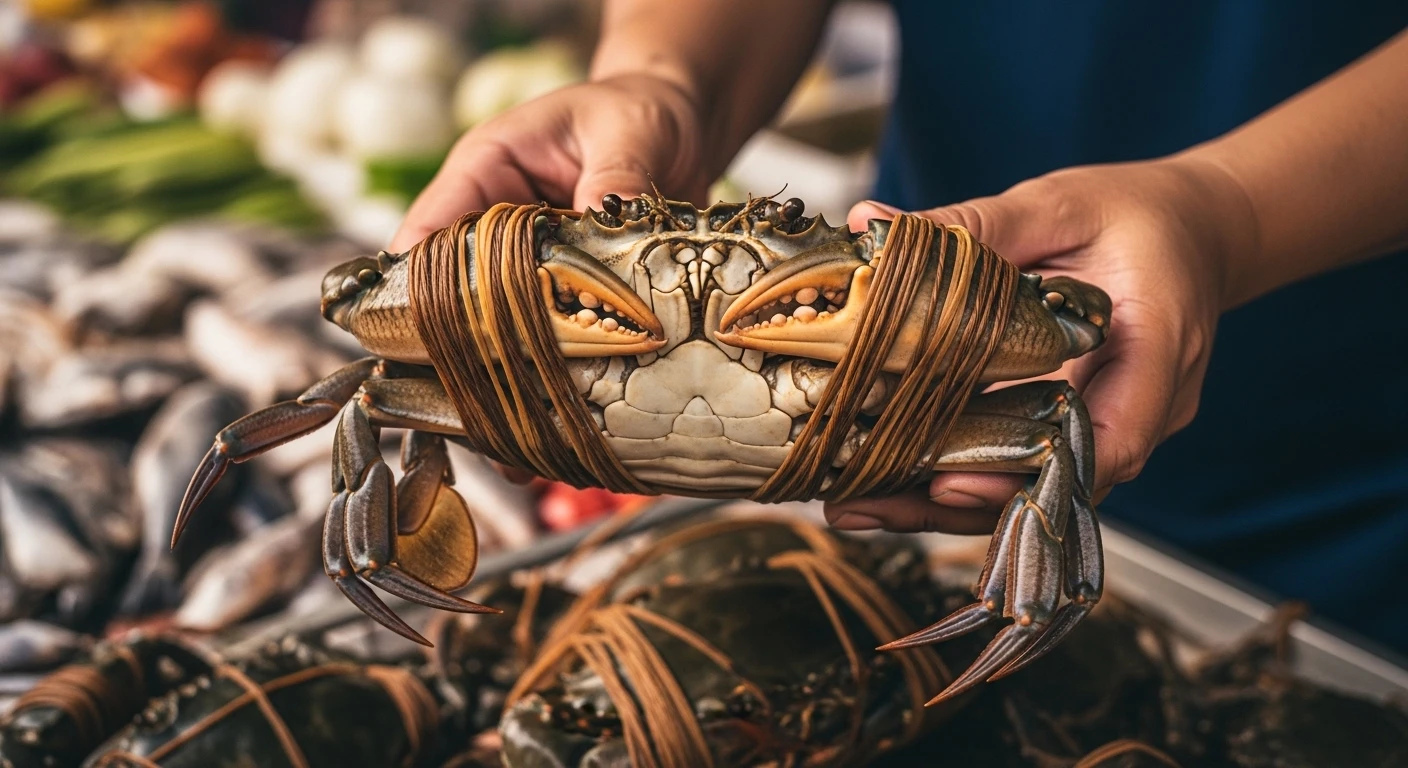 A large crab held by a vendor, its legs obscured by thick rubber bands