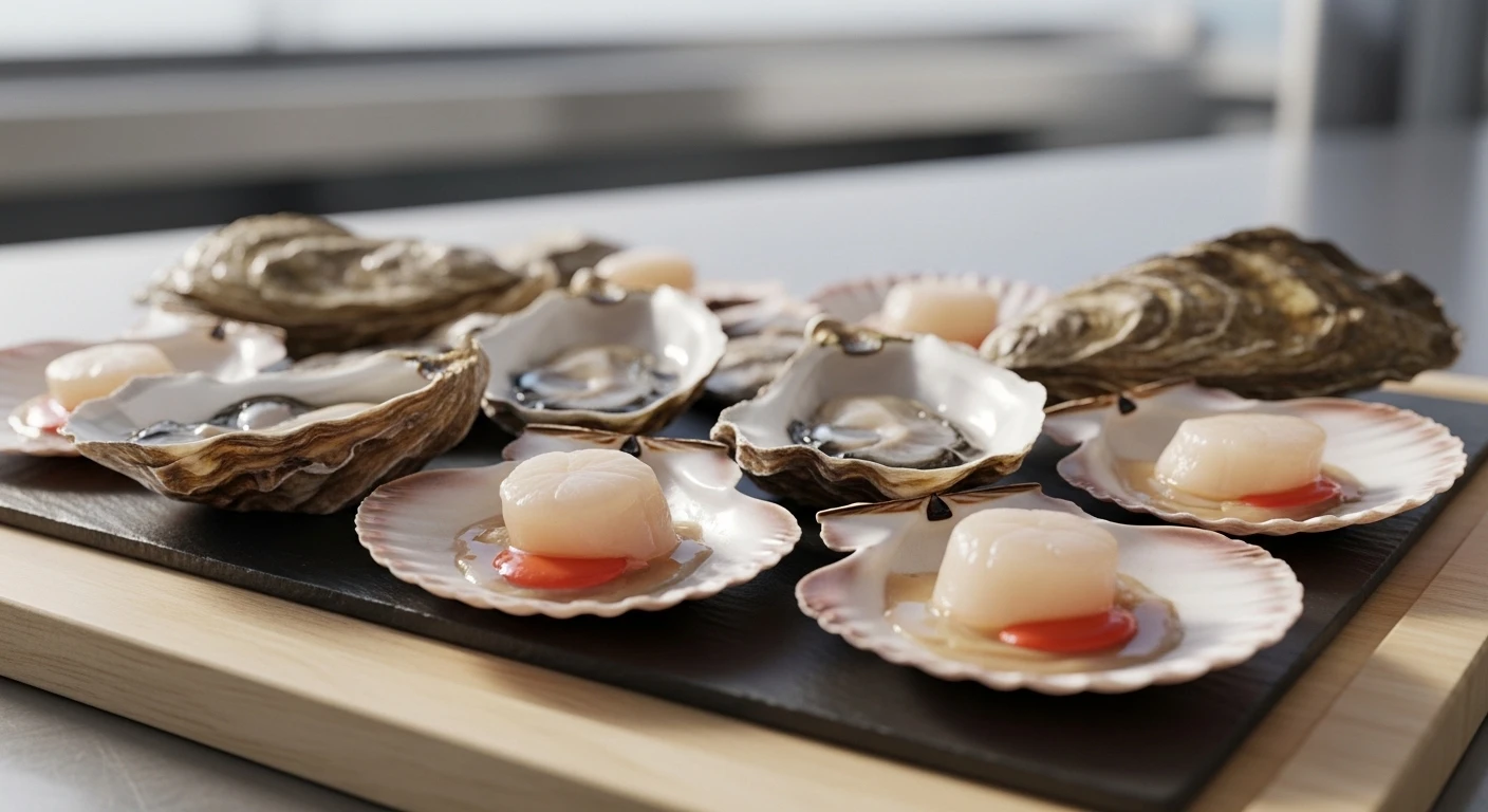 Freshly harvested scallops and oysters on a rustic wooden board
