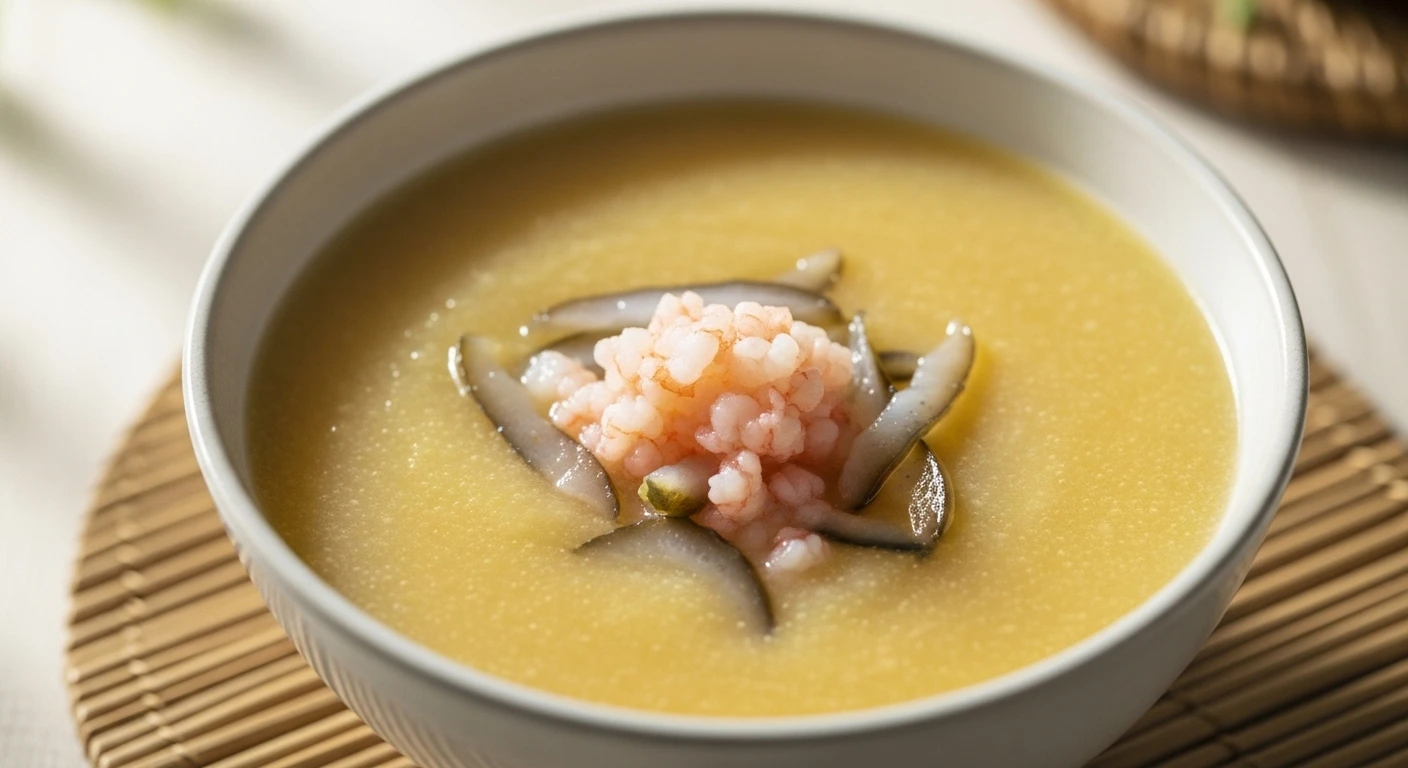 A bowl of creamy, pale Minced Shrimp and Sea Cucumber Soup