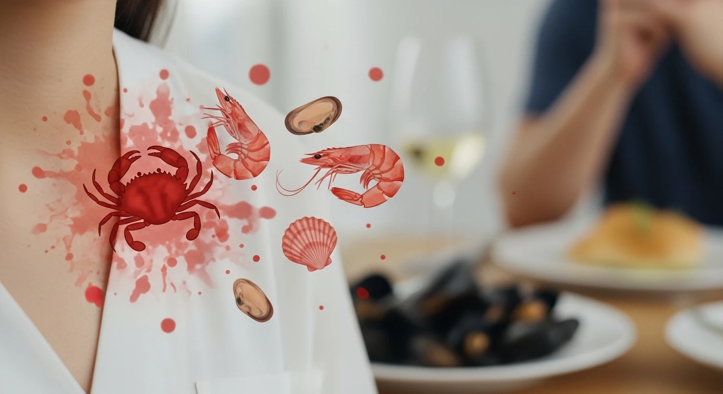 A symbolic image representing seafood allergy: abstract red rash on skin with shellfish silhouettes.