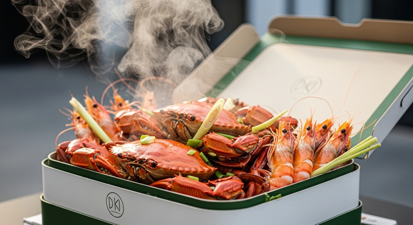 Portable seafood takeaway box with steaming crabs and shrimp