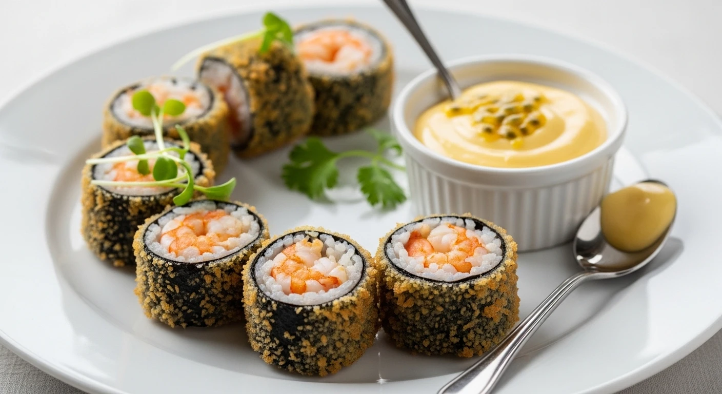 Close-up of perfectly fried crispy seaweed-wrapped shrimp rolls