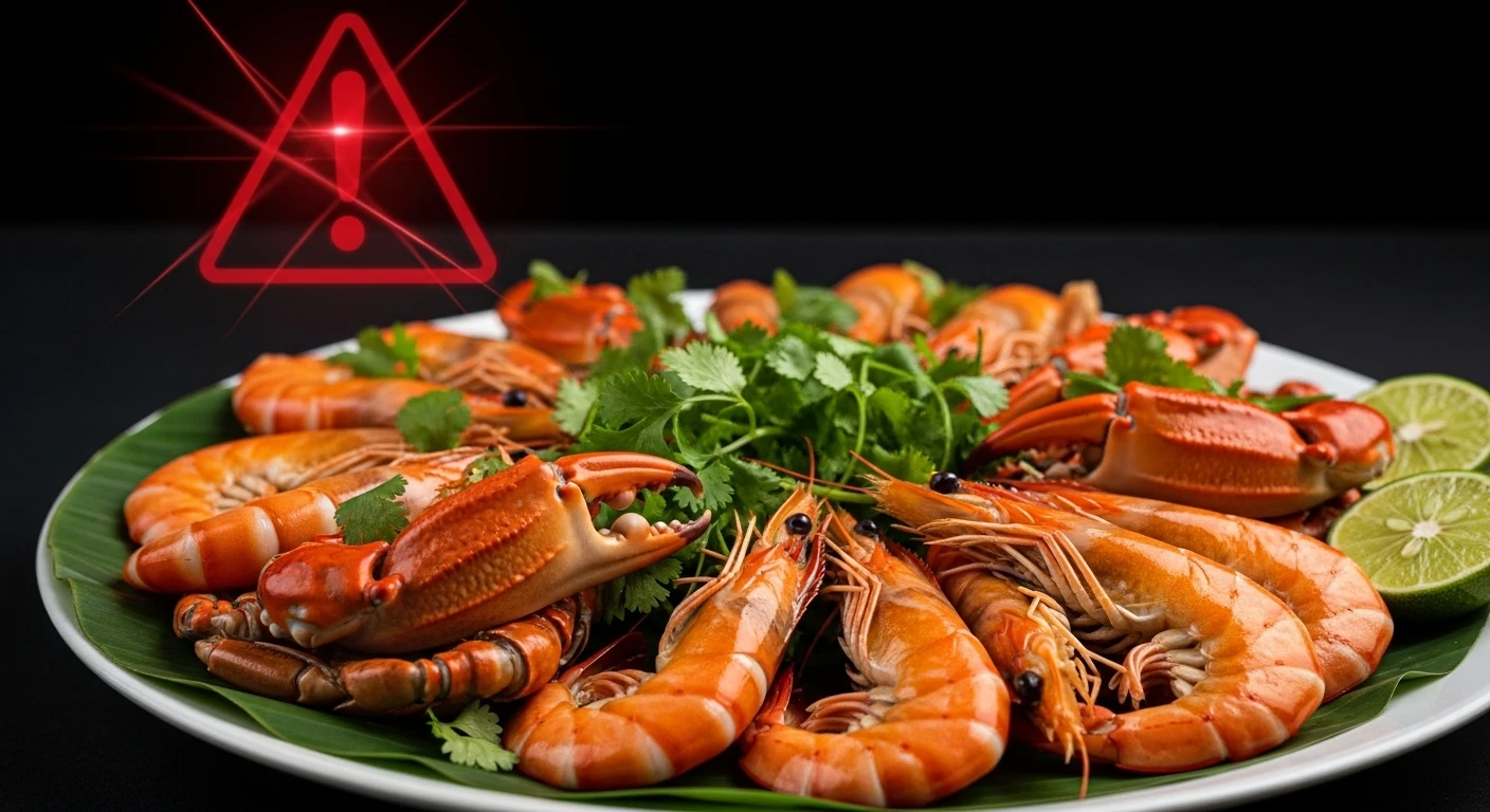 Delicious plate of Mekong Delta shellfish with a subtle warning overlay