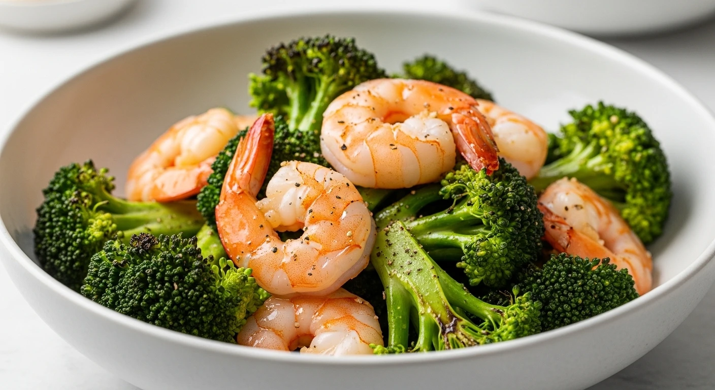 A vibrant and healthy shrimp and broccoli stir-fry, glistening and fresh.