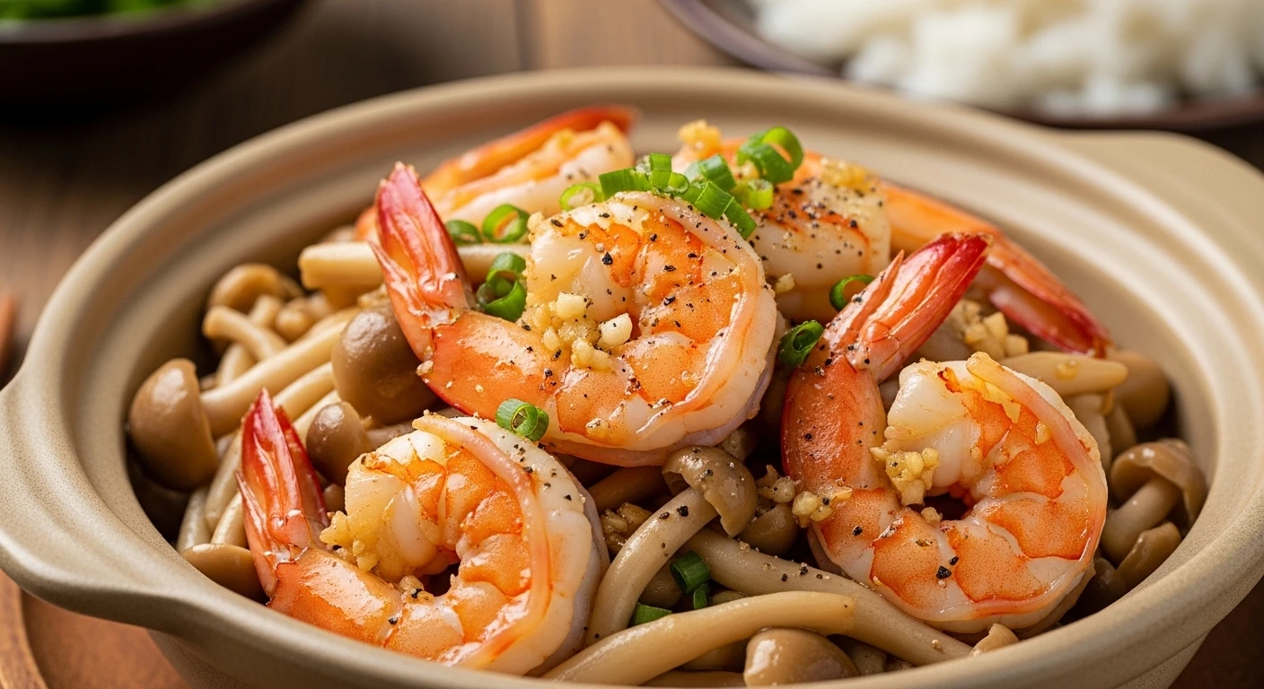 Shrimp stir-fried with smashed garlic and straw mushrooms, served with rice
