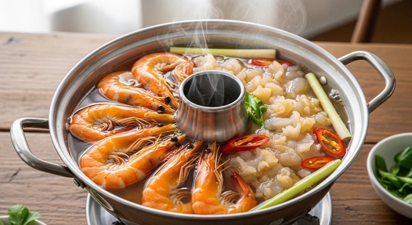 A steaming bowl of coconut water hotpot with shrimp and jellyfish