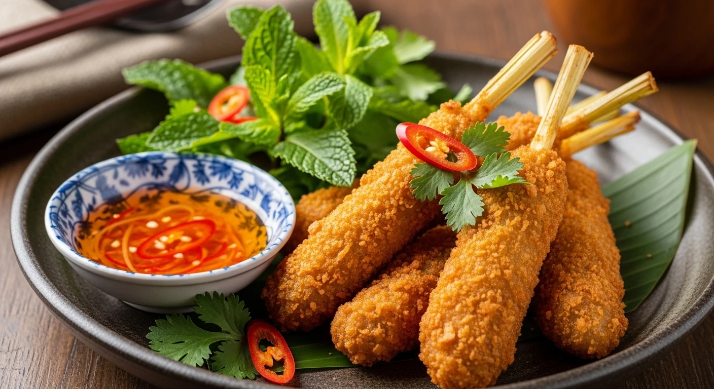 Golden Fried Shrimp Paste on Lemongrass (Chao Tom) with dipping sauce