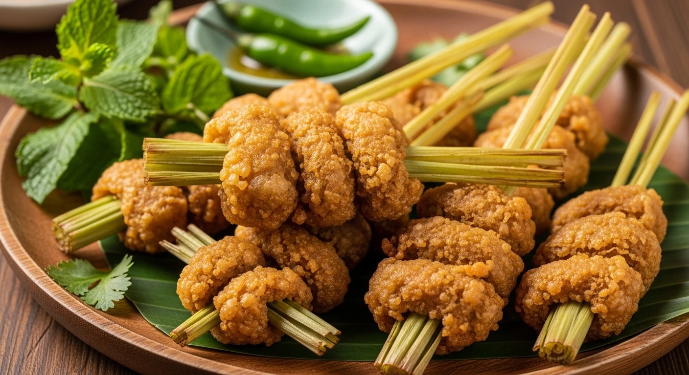 Hand-Pounded Shrimp Paste Wrapped Around Lemongrass Skewers