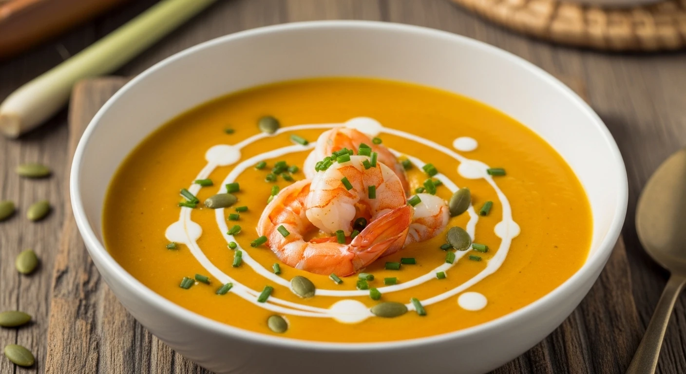 Creamy Shrimp and Pumpkin Soup with a swirl of cream and fresh herbs