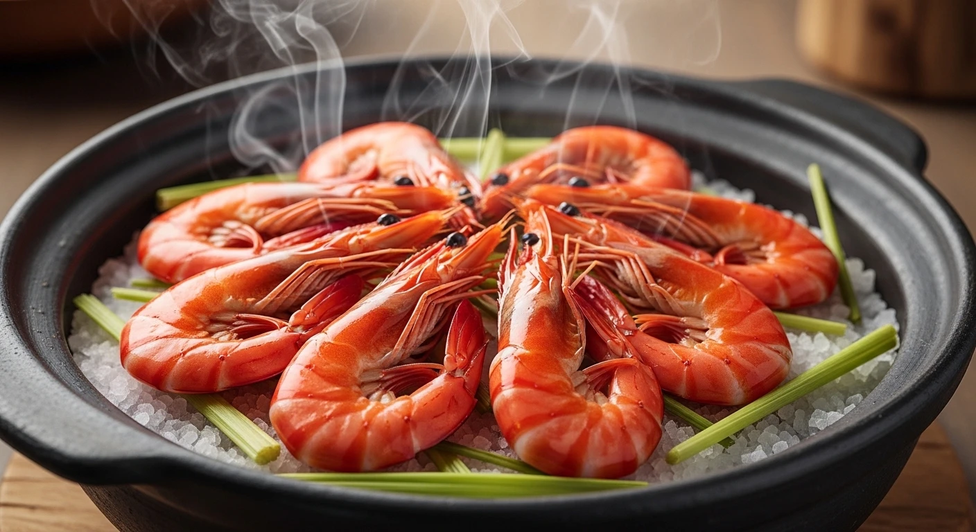 Shrimp steamed on coarse salt and lemongrass in a claypot