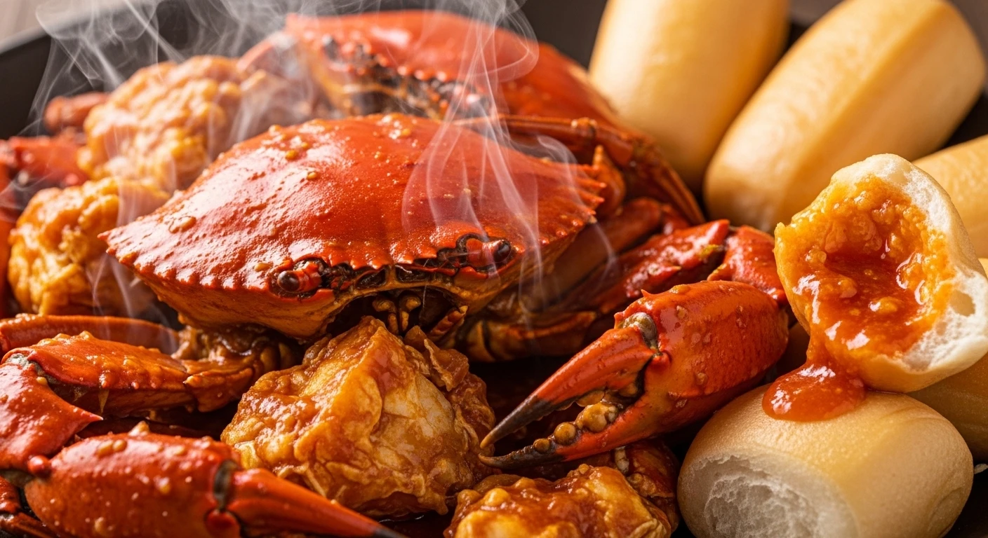 A vibrant dish of Singapore Chili Crab with mantou buns