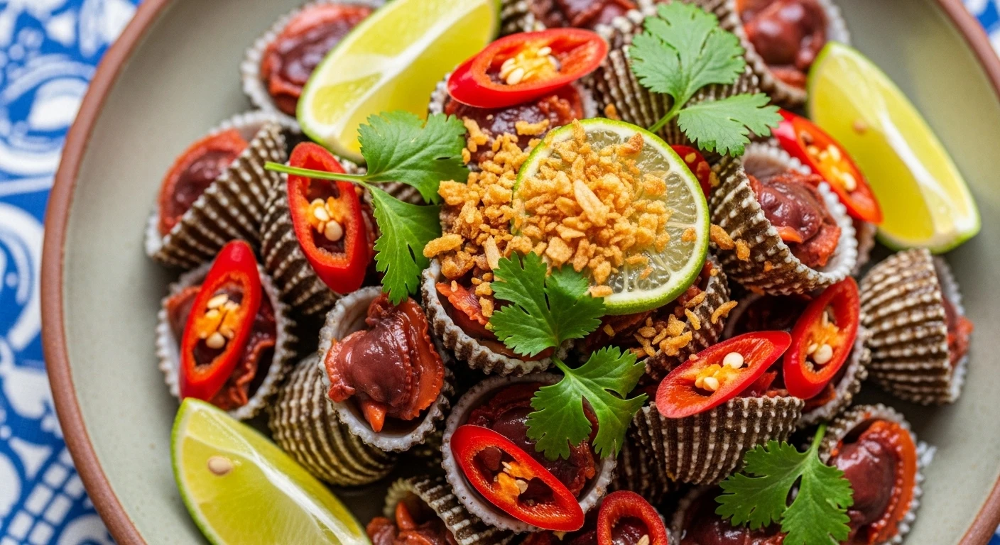 Đĩa sò huyết tái chanh hấp dẫn với tỏi phi và ớt