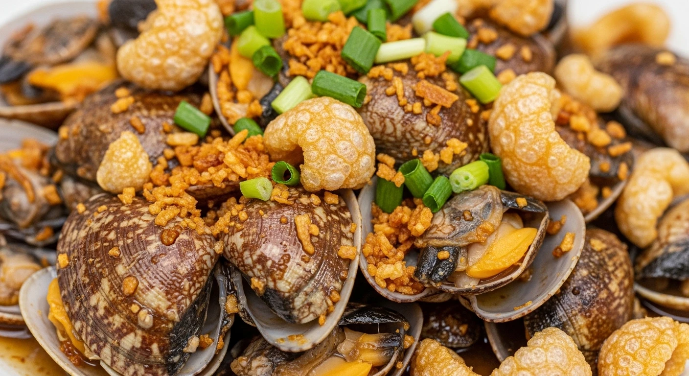 Sò huyết cháy tỏi tóp mỡ rắc hành phi hấp dẫn