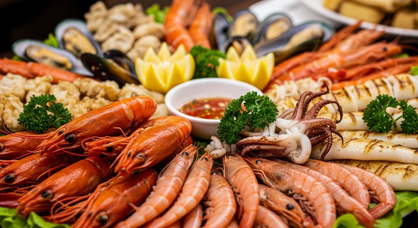 Bàn tiệc hải sản hấp dẫn với tôm sú và tôm thẻ