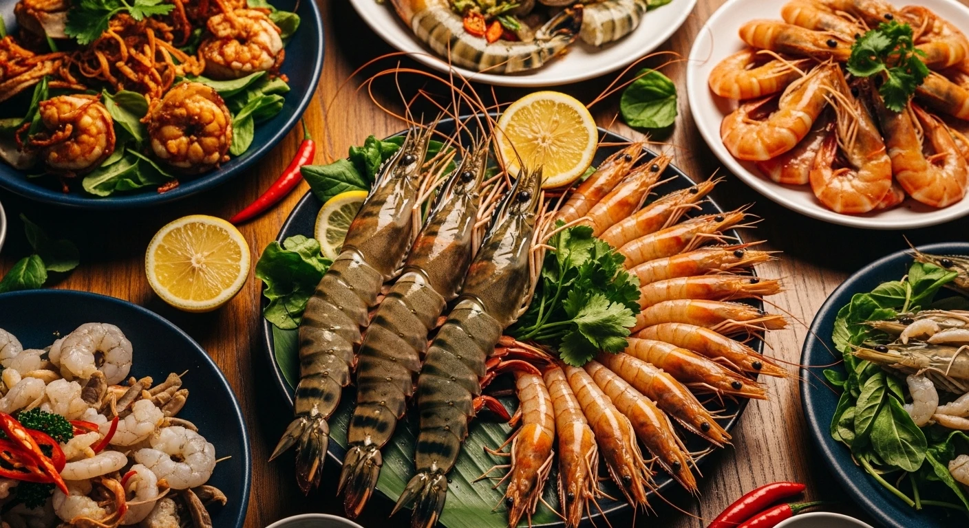 Tôm thẻ và tôm sú trên bàn tiệc