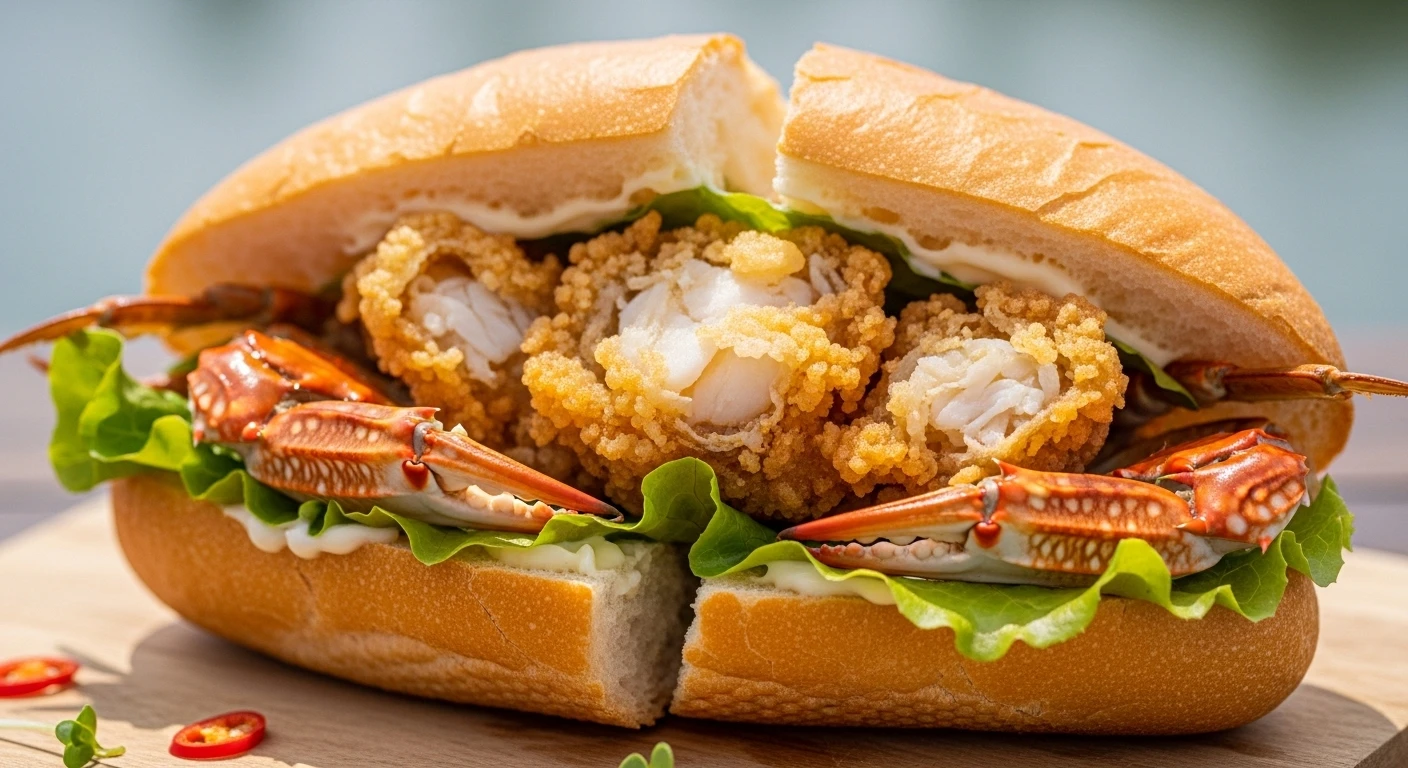 Crispy Fried Soft-Shell Blue Crab Sandwich in a Baguette