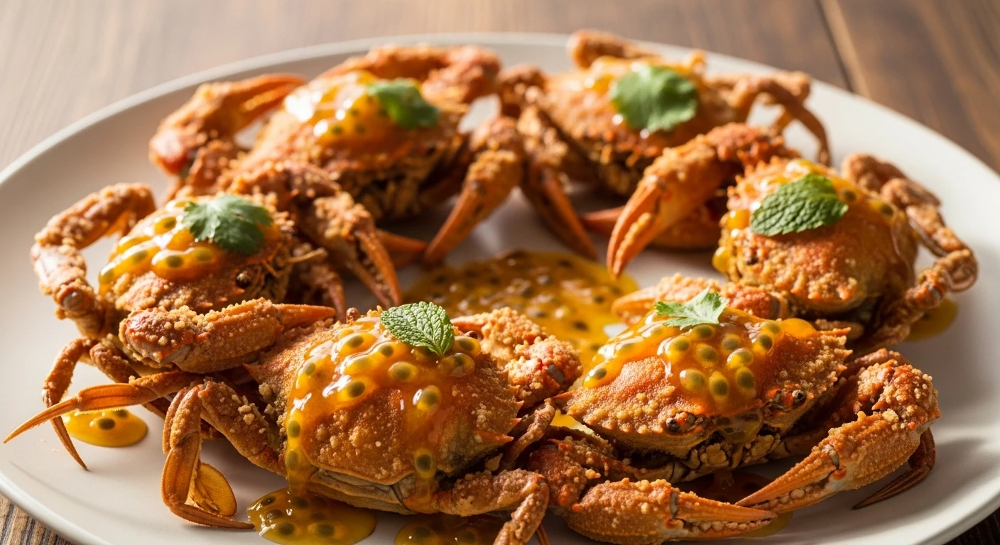 Crispy soft-shell crab served with a vibrant passion fruit sauce