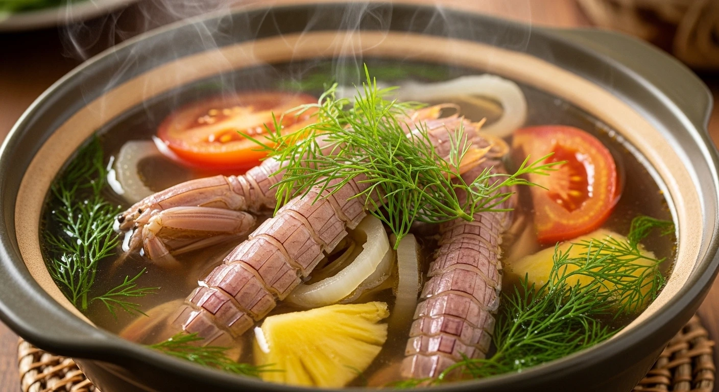 A steaming bowl of light sour soup with mantis shrimp, tomatoes, elephant ear stems, and dill