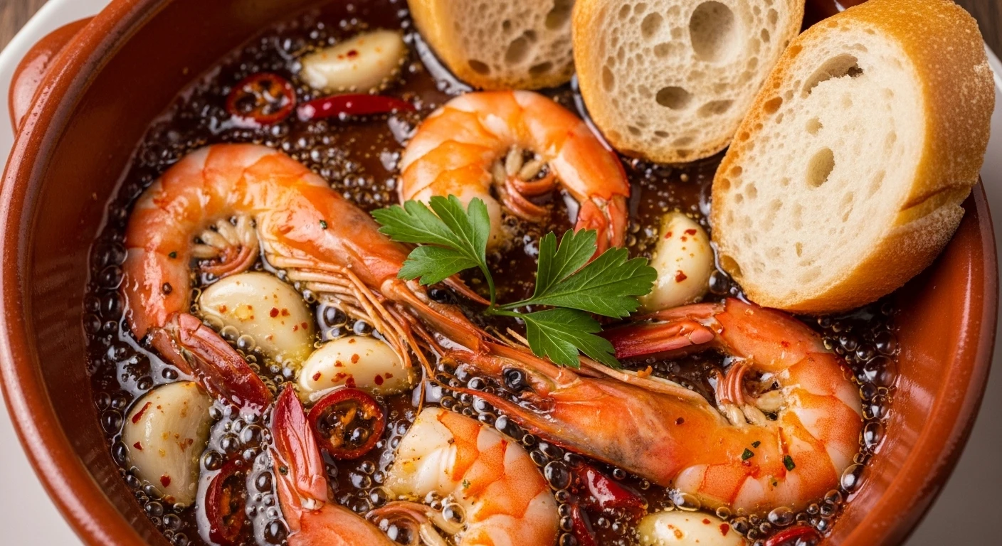Sizzling Gambas al Ajillo in a terracotta dish