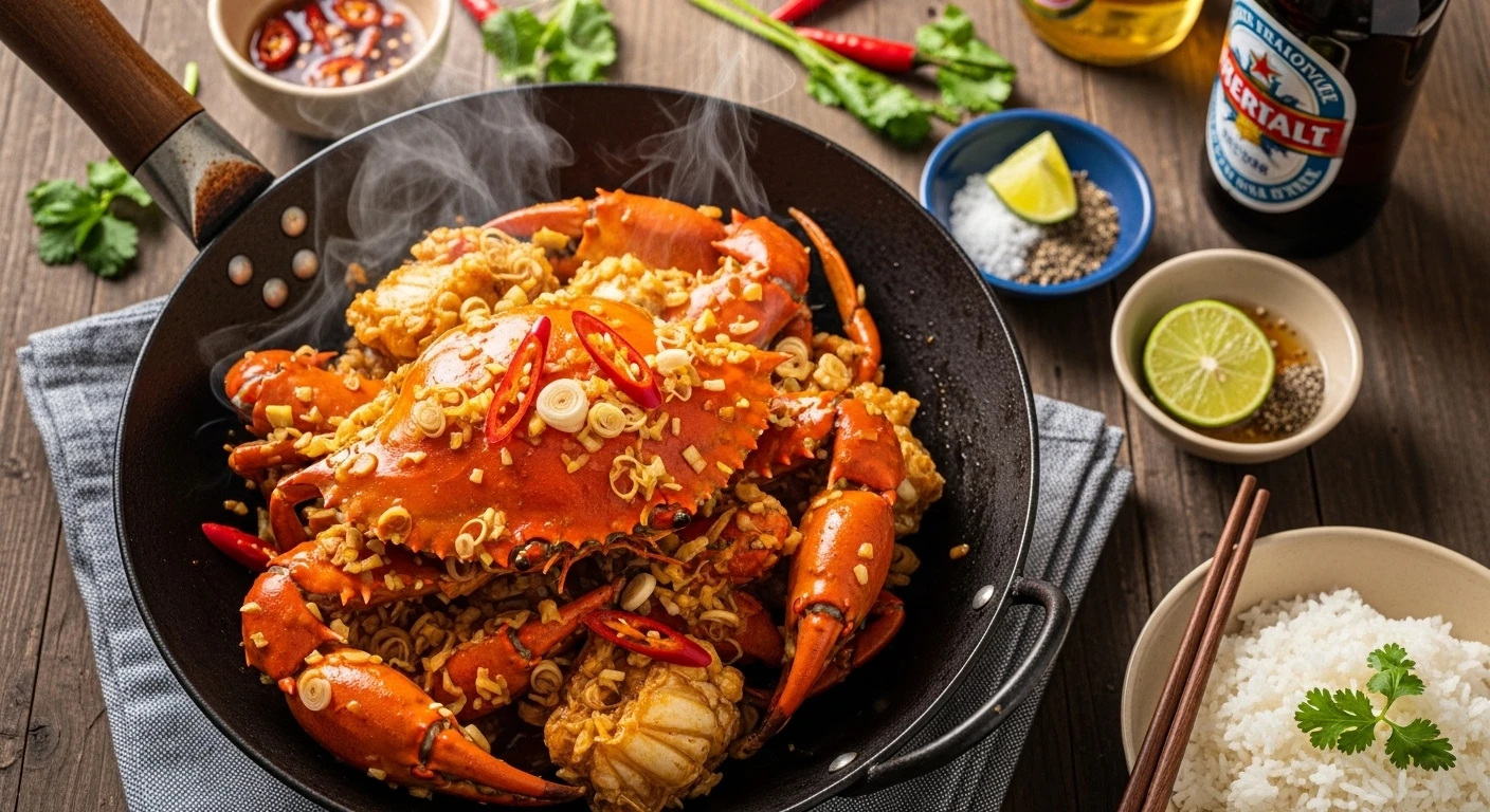 Spicy Lemongrass Chili Crab in a wok