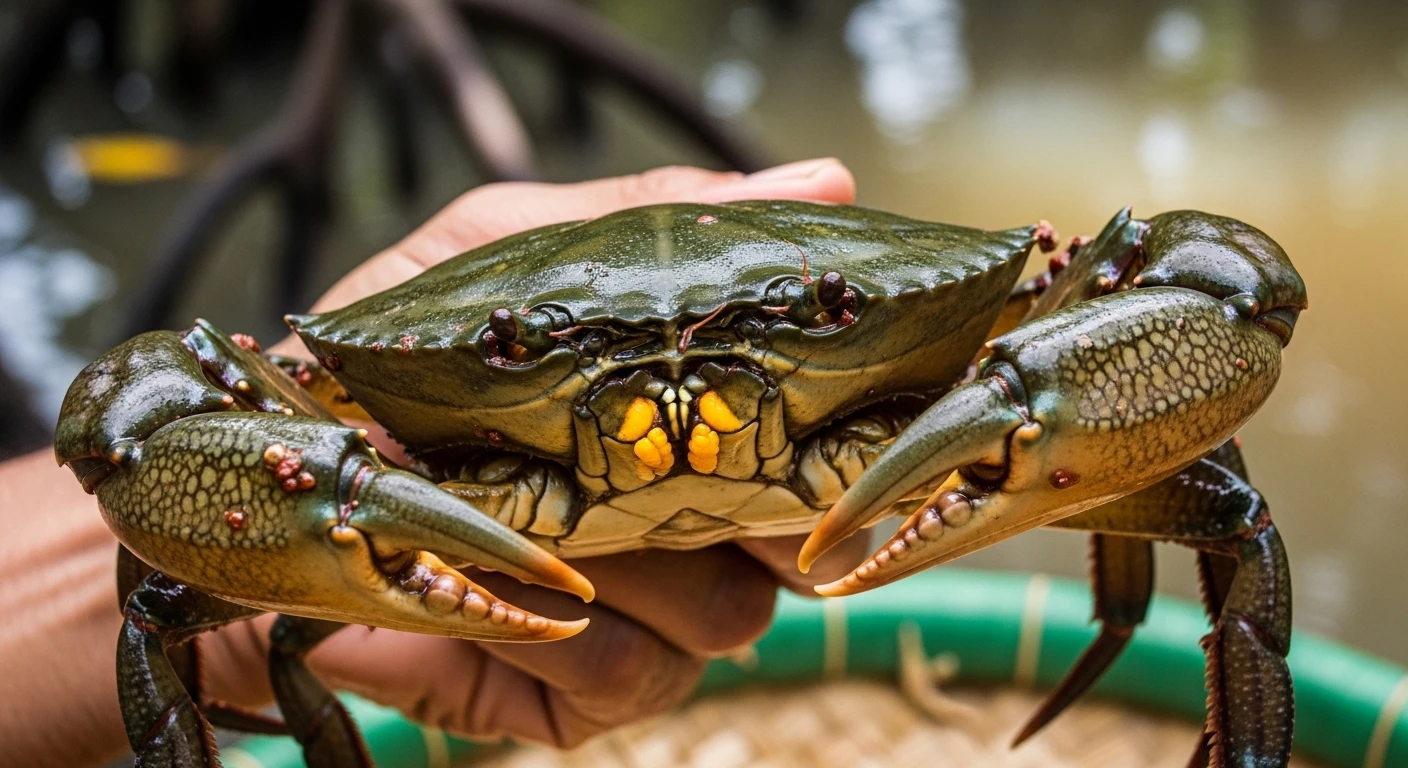 Authentic Ca Mau Crab being inspected for authenticity