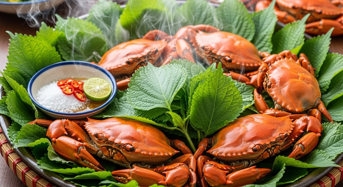 Steamed crab with perilla leaves, showing the vibrant colors and textures
