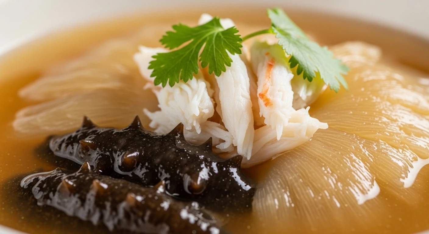 Cận cảnh bát súp cua vi cá hải sâm với các nguyên liệu rõ nét