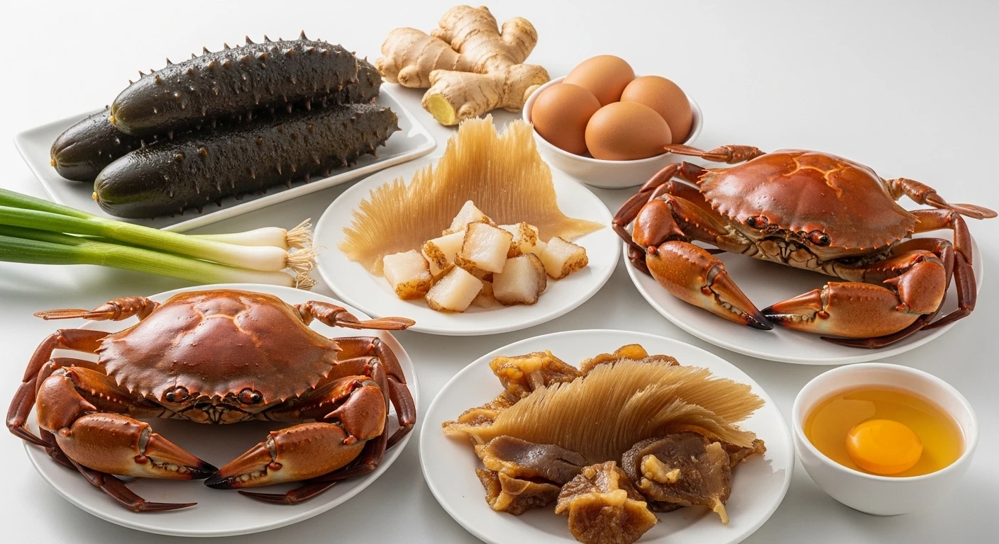 Nguyên liệu tươi ngon chuẩn bị nấu súp cua vi cá hải sâm