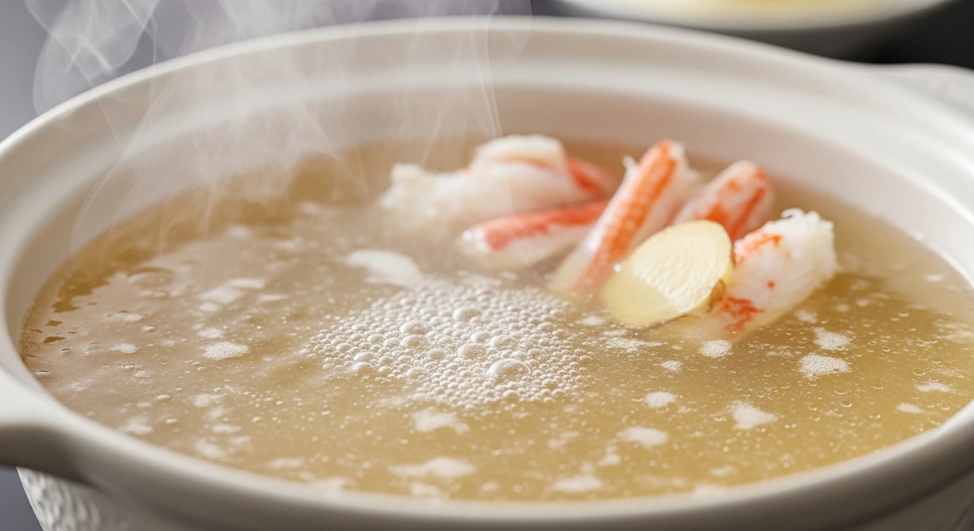 Nước dùng súp ghẹ hải sâm đang được nấu trên bếp