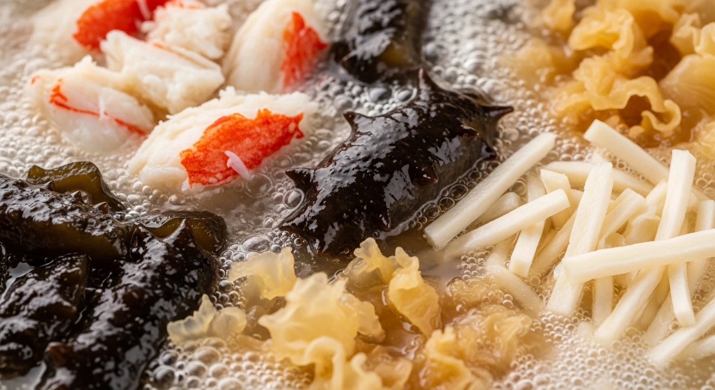 Cho thịt ghẹ, hải sâm, vi cá vào nồi nước dùng súp