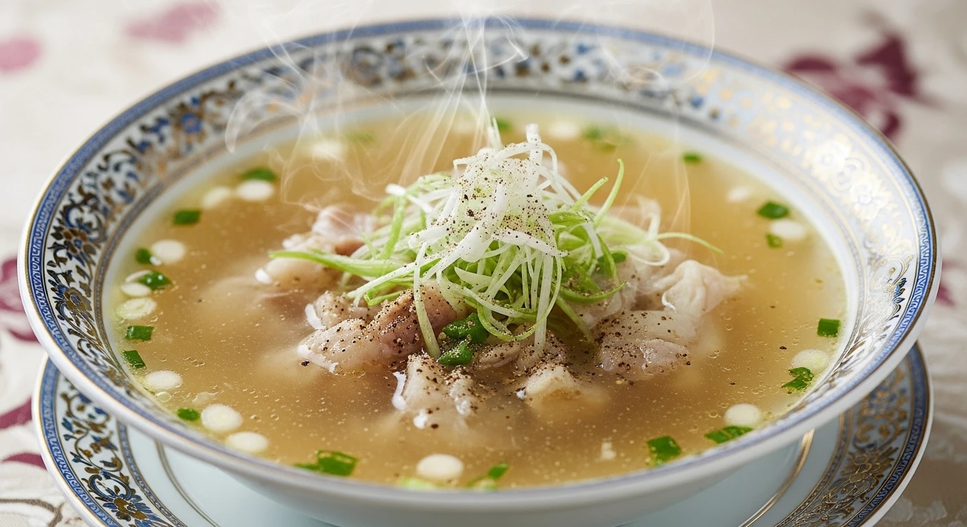 Tô súp ghẹ hải sâm vi cá đã hoàn thành, trang trí đẹp mắt