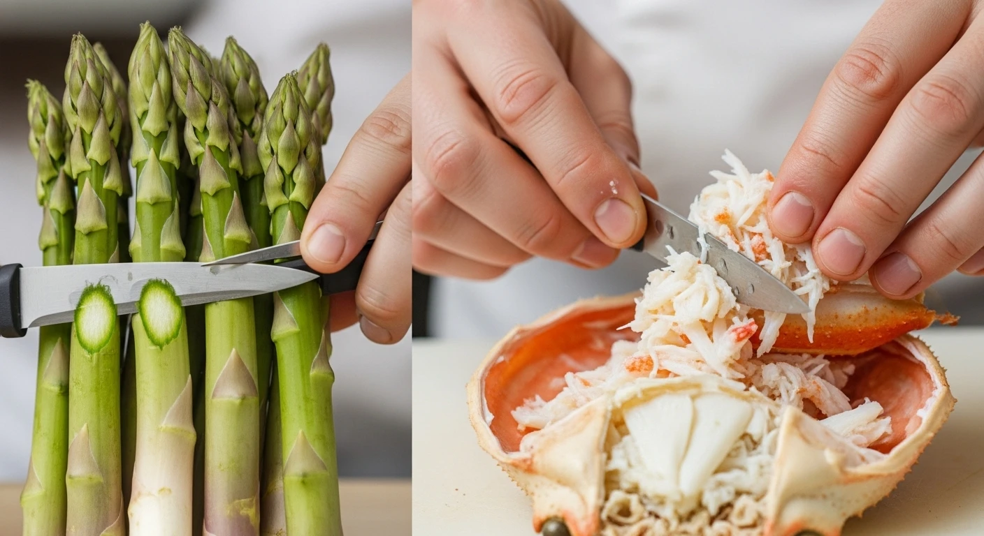 Công đoạn sơ chế măng tây và cua cho món súp