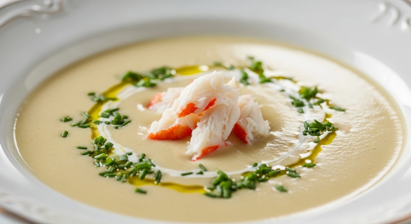 Trang trí món súp măng tây cua với rau thơm và thịt cua