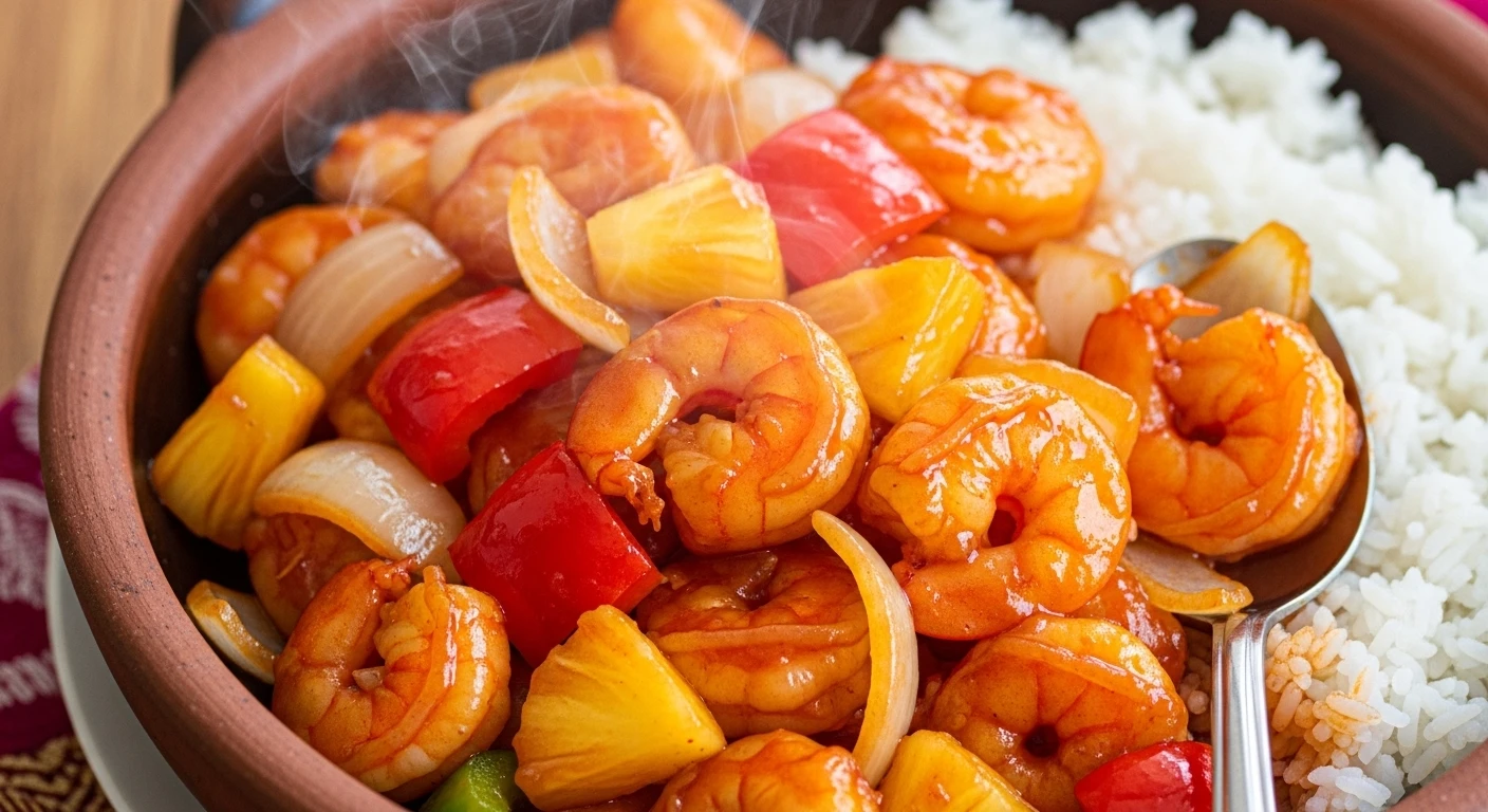 Sweet and Sour Tiger Prawns with colorful vegetables and pineapple
