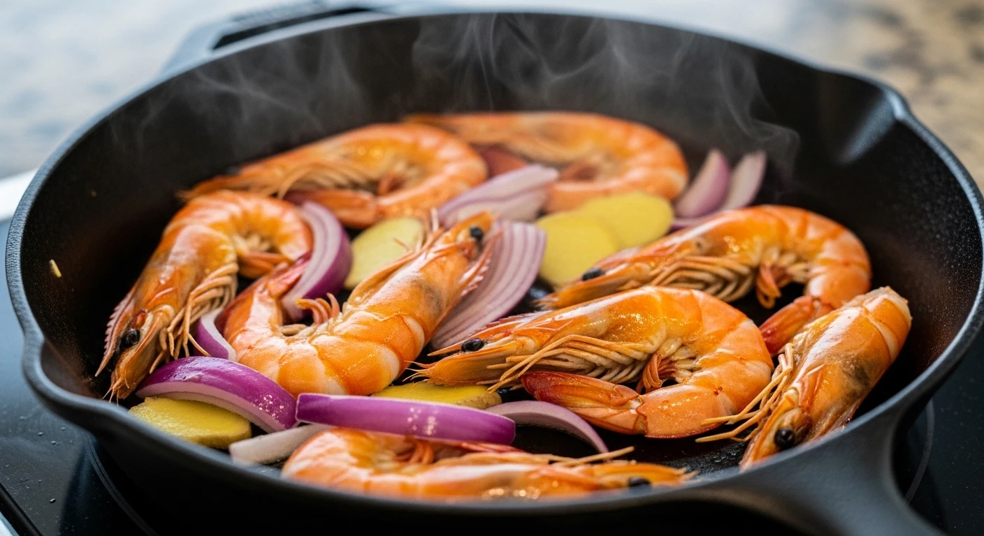 Đầu và vỏ tôm sú rang cùng hành tím và gừng