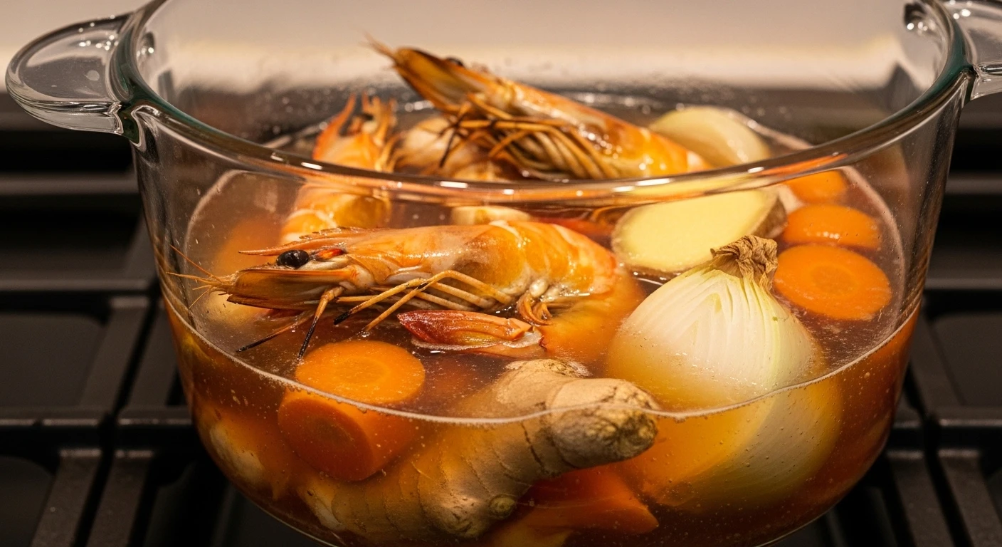 Ninh nước dùng hải sản với đầu tôm, vỏ tôm và rau củ