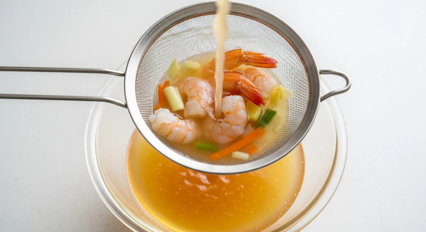 Nước dùng hải sản sau khi lọc trong veo