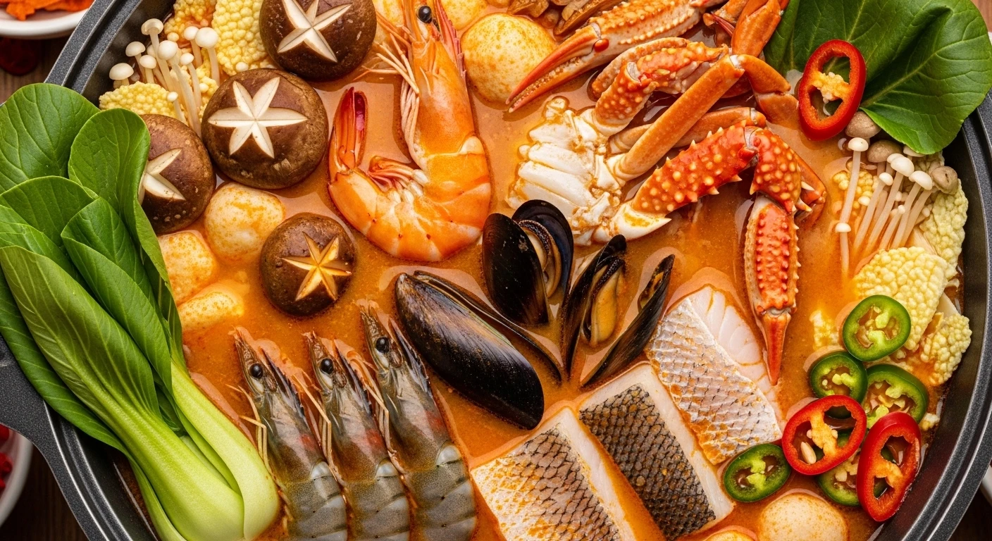 Nồi lẩu hải sản thơm ngon với nước dùng từ đầu tôm