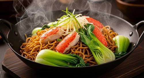 Crab Egg Noodles with Bok Choy in an Iron Wok