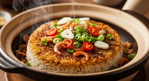Crunchy Bottom Claypot Fried Rice with Dried Shrimp, Garlic, Chili, and Black Pepper