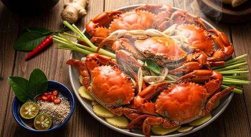 Ghẹ Hấp Sả Gừng Chấm Muối Tiêu Lá Chanh