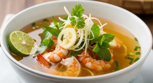 Peeled Giant Freshwater Prawns Cooked in Clear Broth Crab Noodle Soup (Bun Rieu)