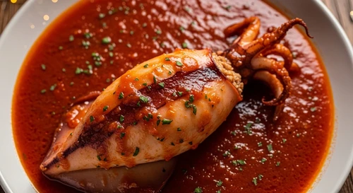 Mực Nhồi Thịt Sốt Cà Chua Nguyên Con