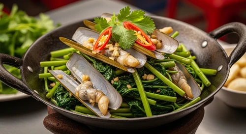 Ốc Móng Tay Xào Rau Muống Tỏi