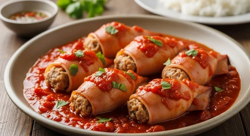 Whole Squid Stuffed with Pork in Tomato Sauce