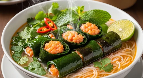 Authentic Hanoi Vermicelli with Minced Tiger Prawns and Betel Leaf Rolls