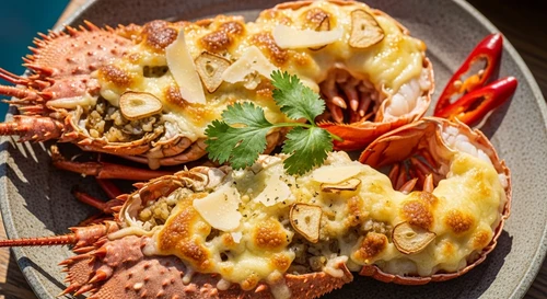 Slipper Lobster (Tom Mu Ni) Steamed with Garlic and Baked with Rich Cheese