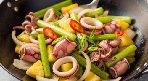 Squid Stir-fried with Celery, Leeks, Pineapple & Onion