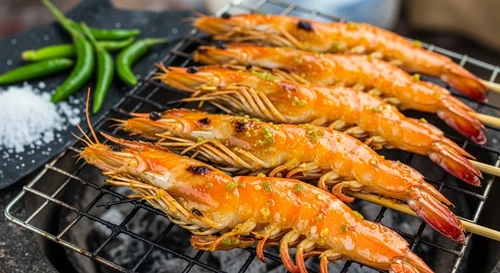 Tôm Sú Cà Mau Nướng Muối Ớt Xanh Xiên Que Thơm Lừng Góc Phố